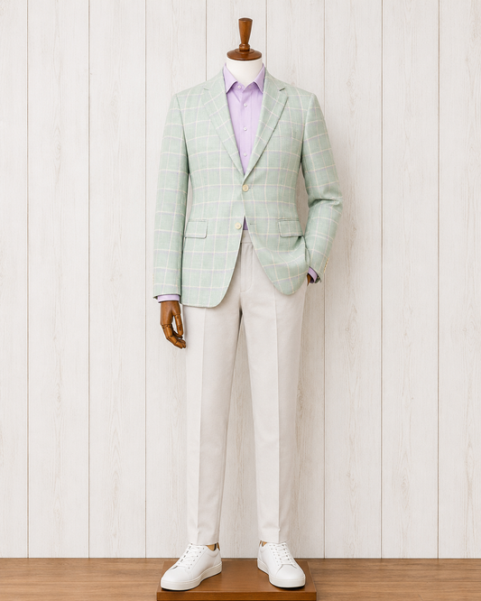 Albert and Walter's Wool, Silk and Linen blend Mint with Ecru and Lavender Windowpane Classic Fit Sport Coat from Ethomas fabric mill in Italy on sale
