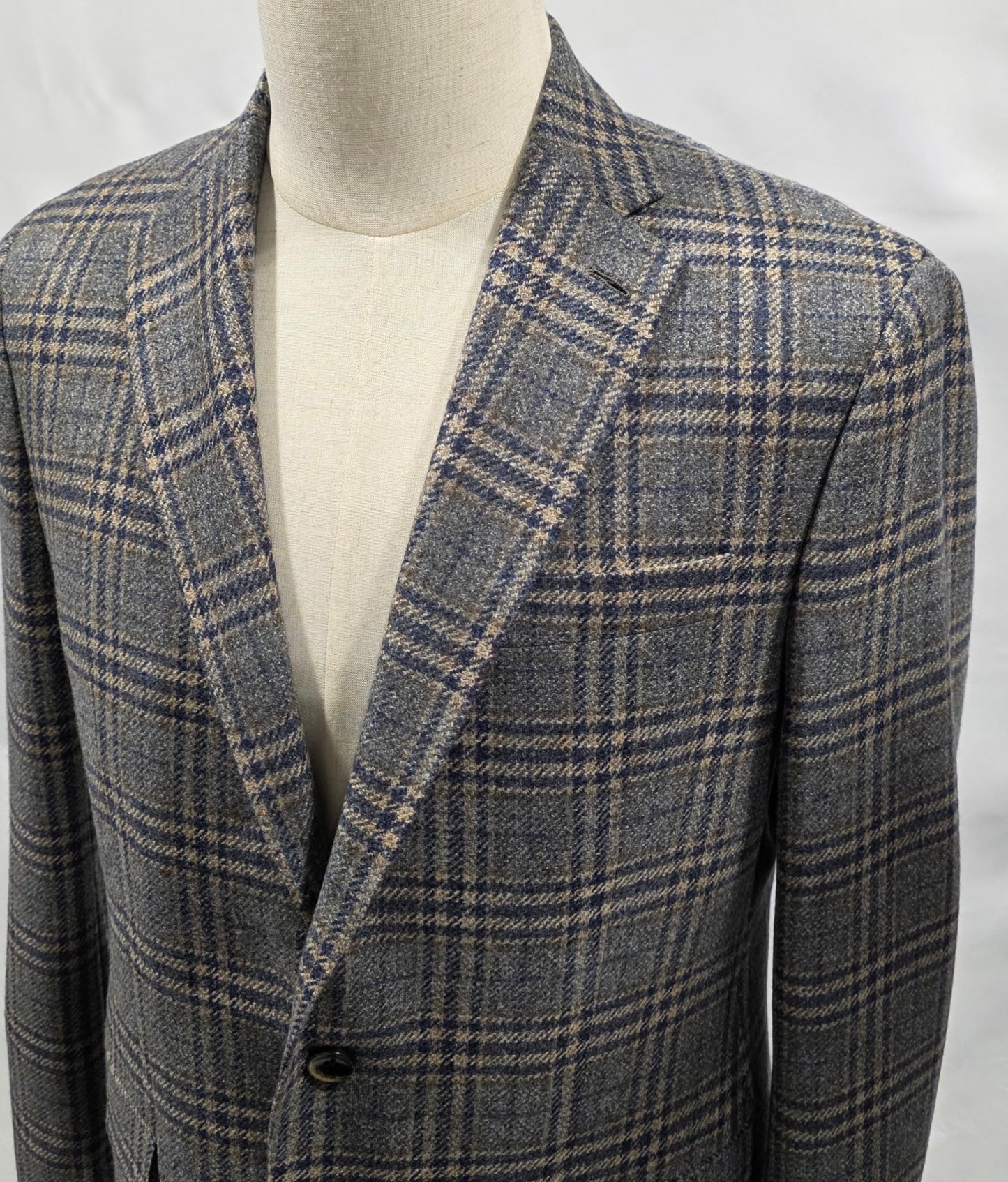 TJ Signature Series Fall 2025 Grey, Navy and Taupe Windowpane Cashmere Blend Sport Coat