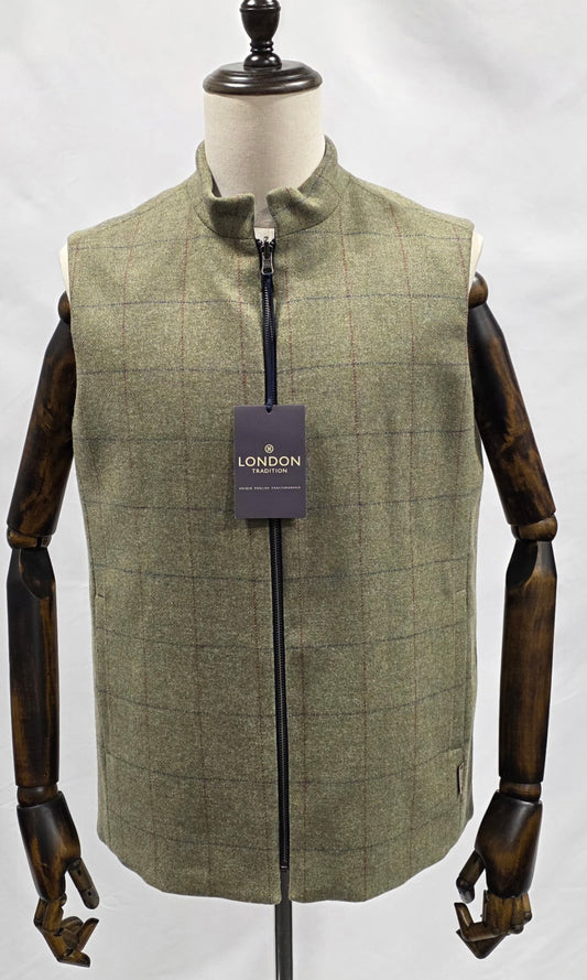 London Tradition Tweed Heath Flint and Loganberry Green with Red and Blue Windowpane Reversible Wool Vest