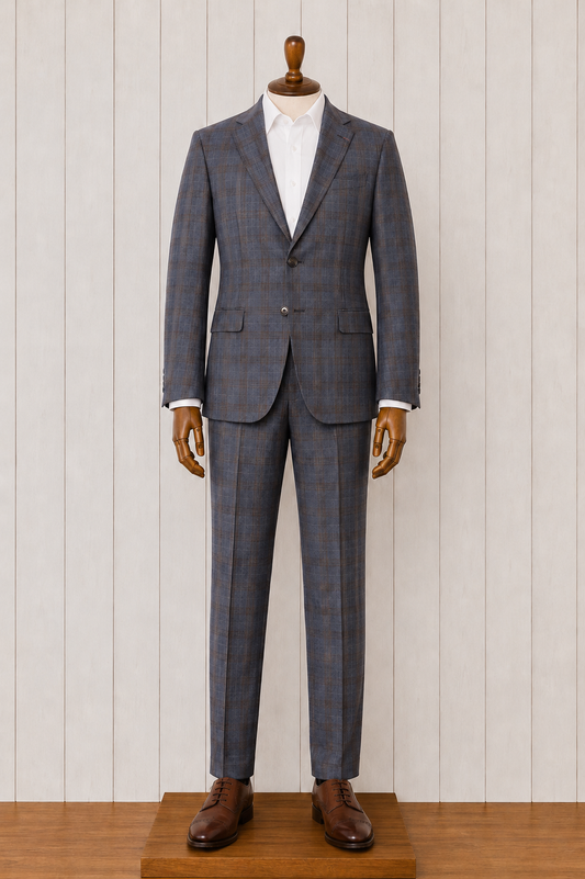 English Laundry Steel Blue and Brown Plaid Notch Lapel Suit