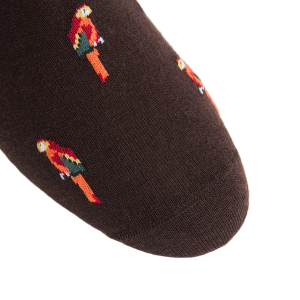 DAPPER CLASSICS COFFEE BROWN WITH ORANGE RED AND YELLOW PARROT FINE MERINO WOOL SOCK LINKED TOE MID-CALF