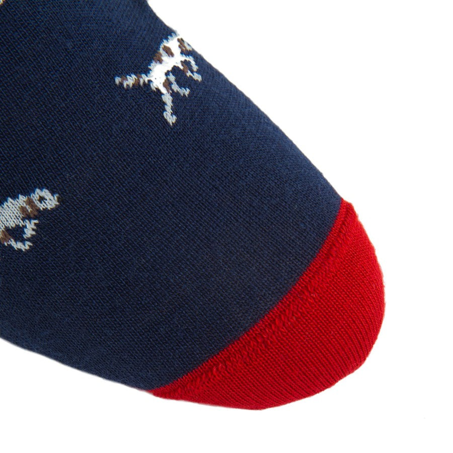 Dapper Classics Dress Navy with Cream Bird Dog and Brown Spots with Red Tipping Fine Merino Wool Sock Linked Toe Mid-Calf