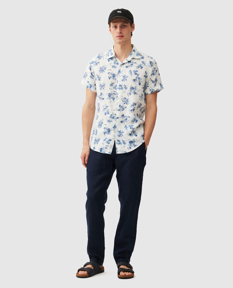 Rodd and Gunn White with Blue Floral Portland Island Sports Fit Fine Linen Shirt