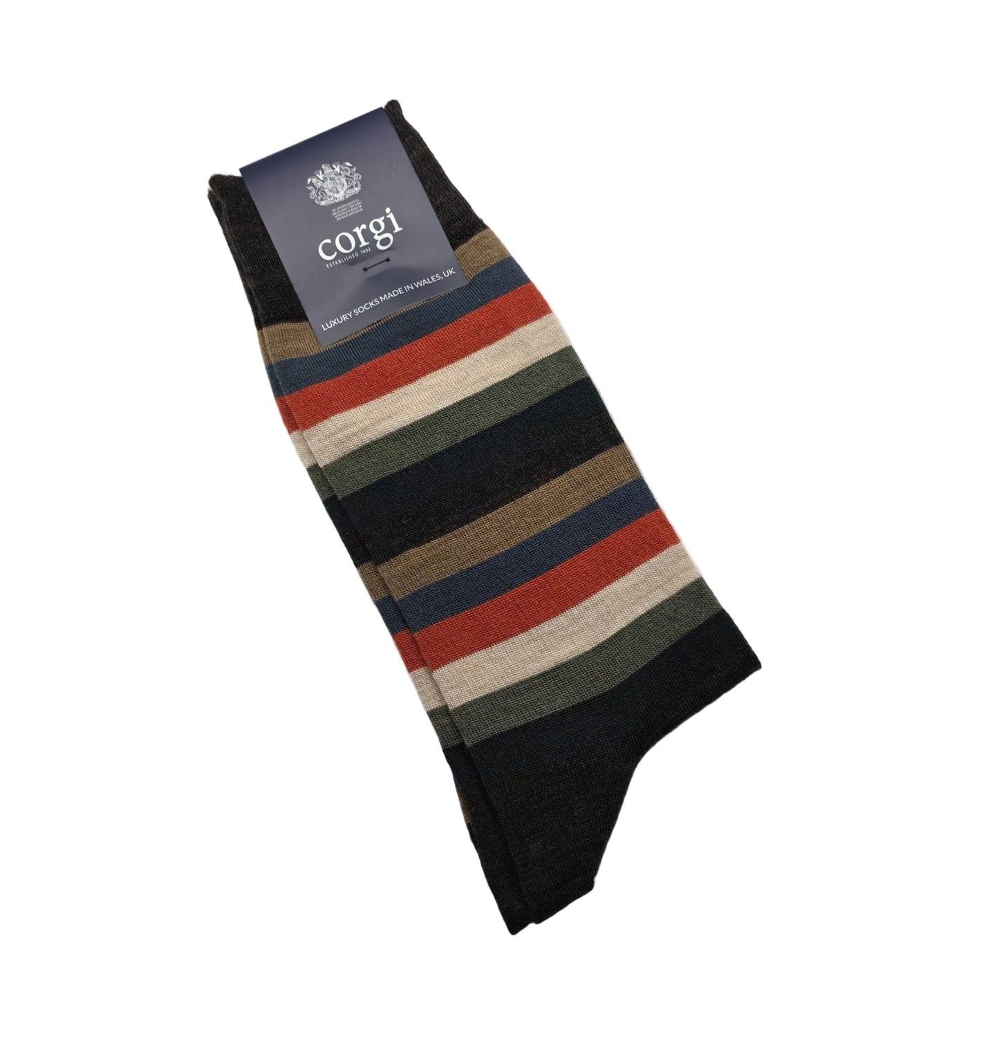 Corgi Premium Olive, Tan, Orange, Grey, Taupe and Brown Striped Socks