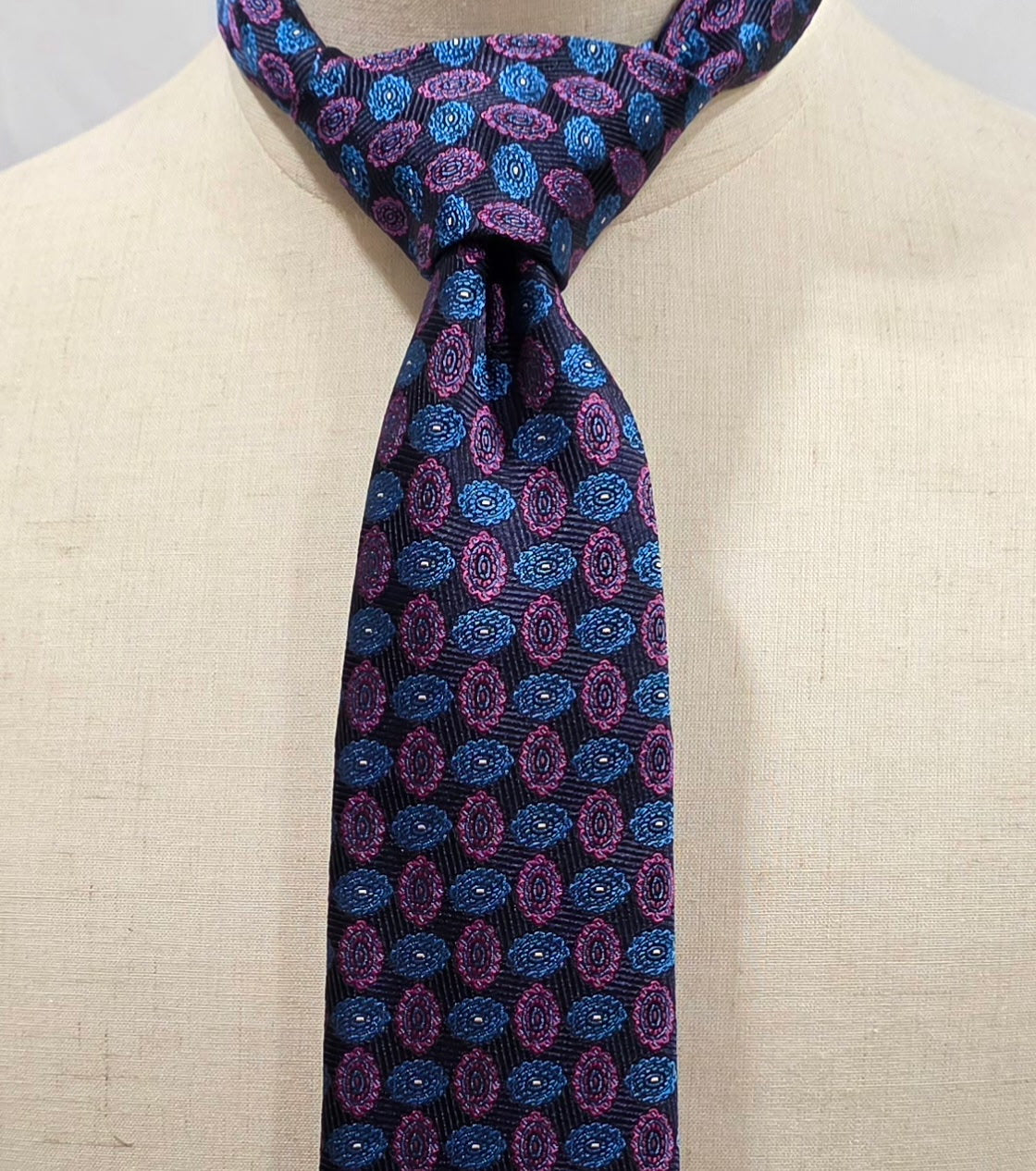 Hampstead by Geoff Nicholson Black, Pink and Blue Medallion Silk Tie