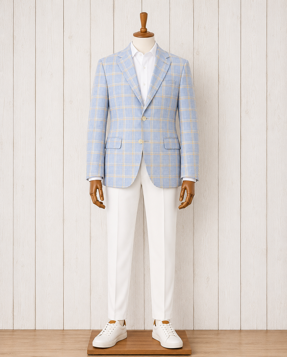 Albert and Walters Summertime EThomas Italian Wool, Silk and Linen Blend Blue Windowpane Sport Coat Classic Fit on sale
