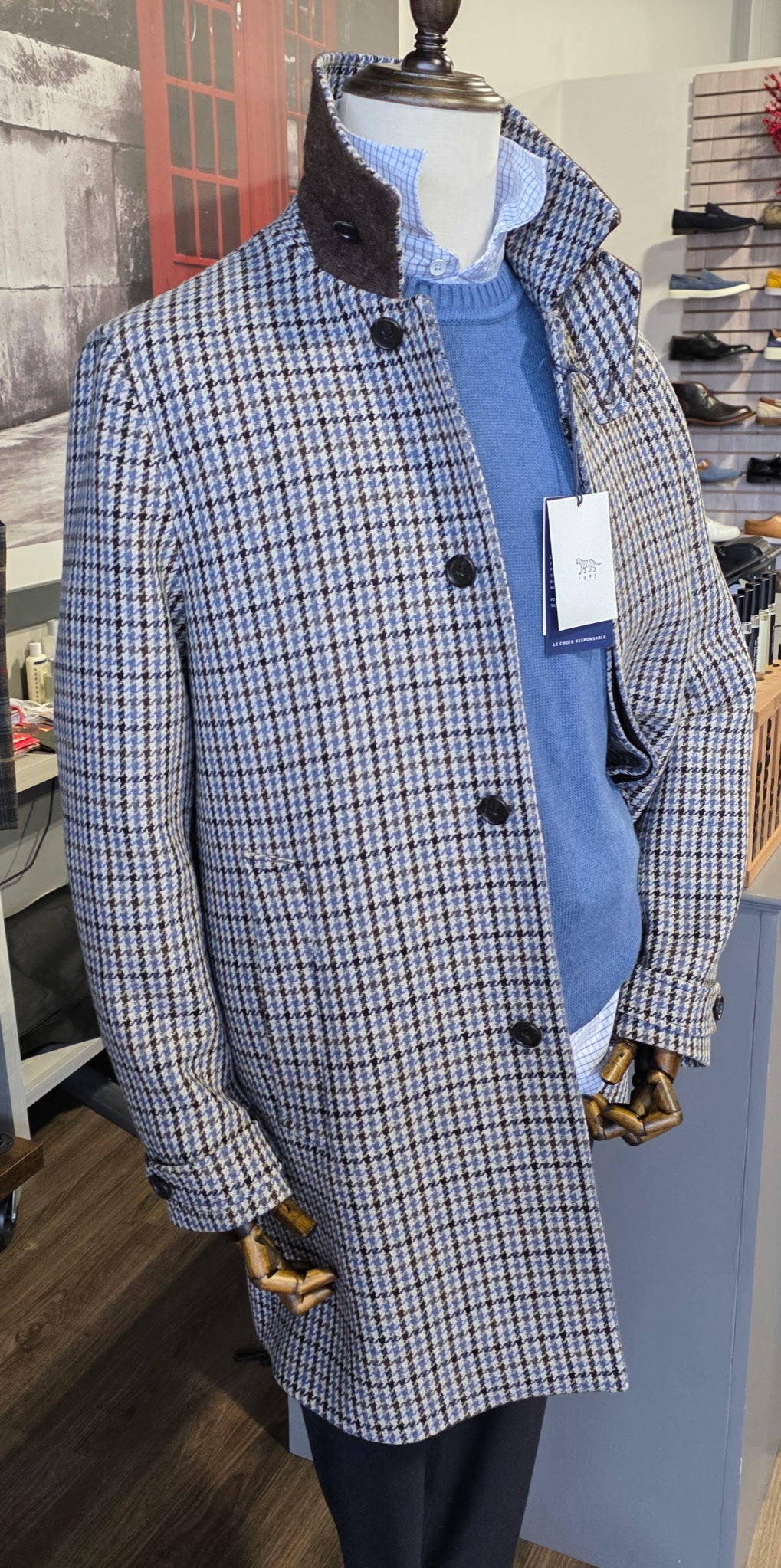 Tiger of Sweden Grey, Black and Blue Houndstooth Wool Blend Car Coat