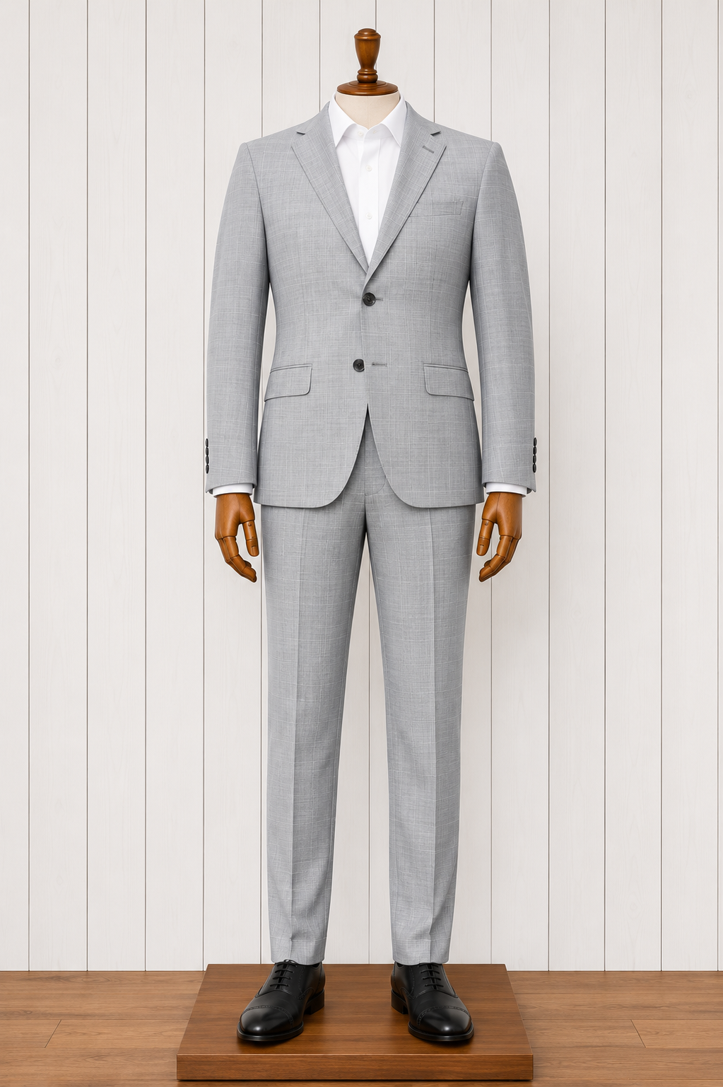 Renoir Slim Fit Wool Blend Light Grey Windowpane Stretch Suit