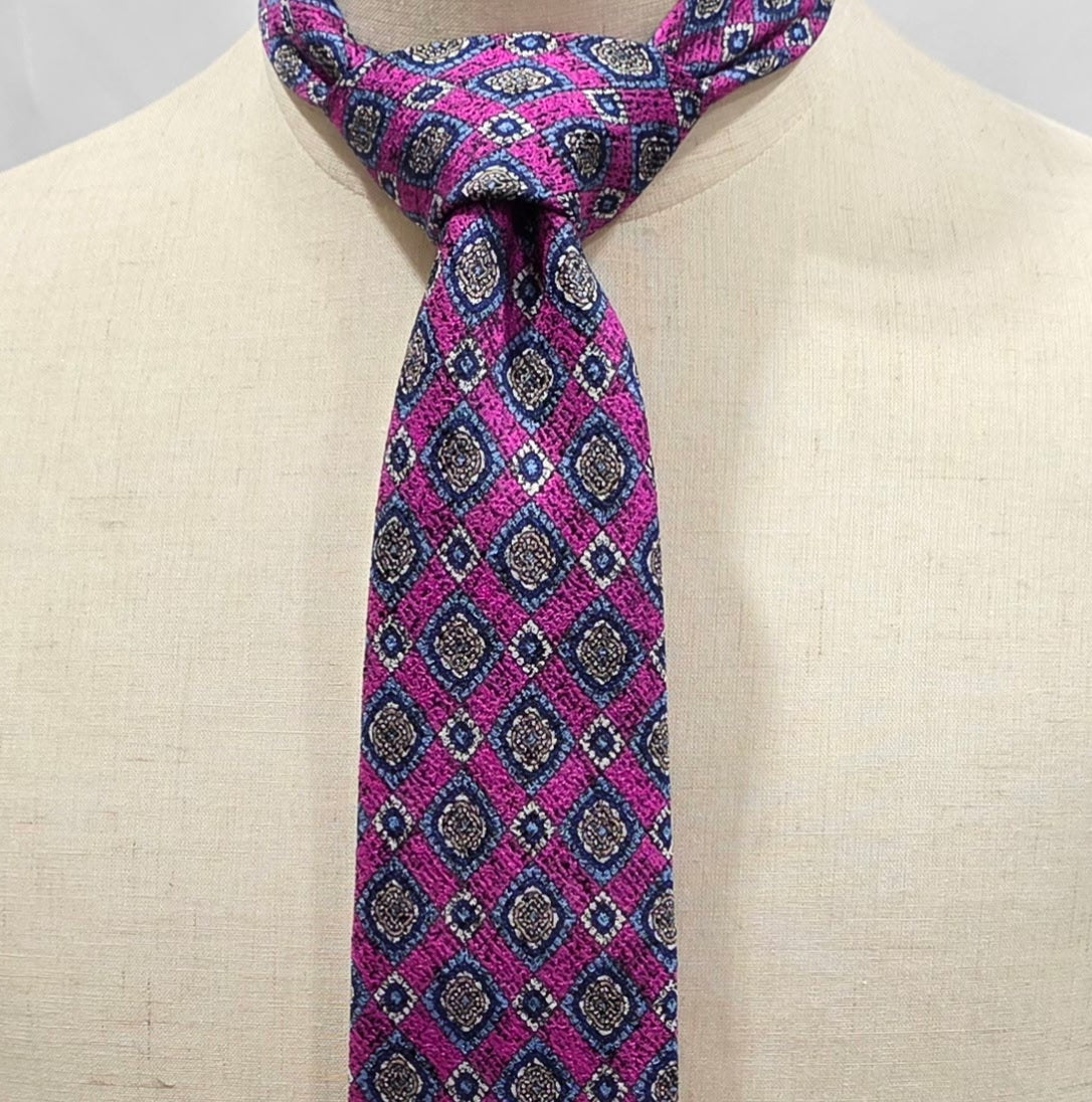 Hampstead by Geoff Nicholson Pink, Blue and White Medallion Silk Tie