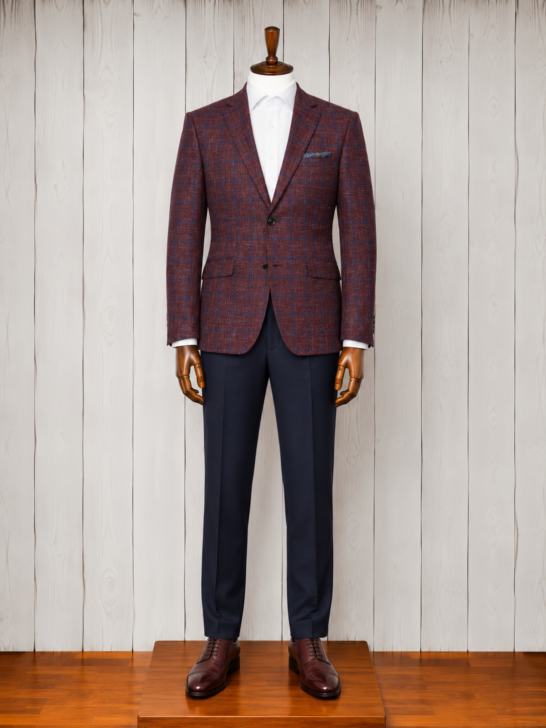 Renoir Burgundy with Blue Windowpane Notch Lapel Slim Fit Sport Coat on Clearance