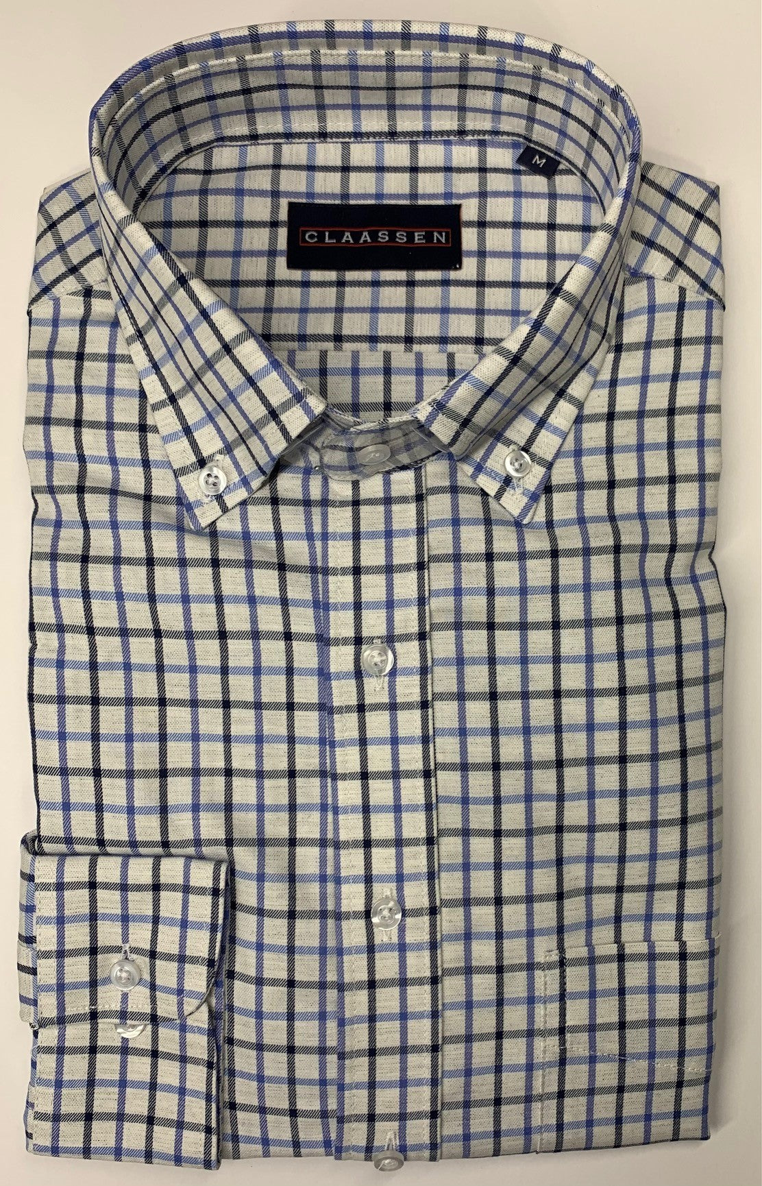 Claassen Luxury Button Down Light Grey with Black and Blue Check Sport Shirt