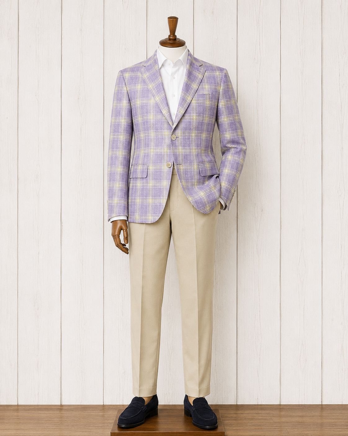 Albert and Walter's Purple and Gold Windowpane Wool, Silk and Linen Blend Notch Lapel Modern Fit Sport Coat Fabric made in Italy on sale