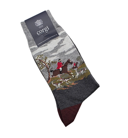 Corgi Premium Grey Fox Hunt Scene Socks