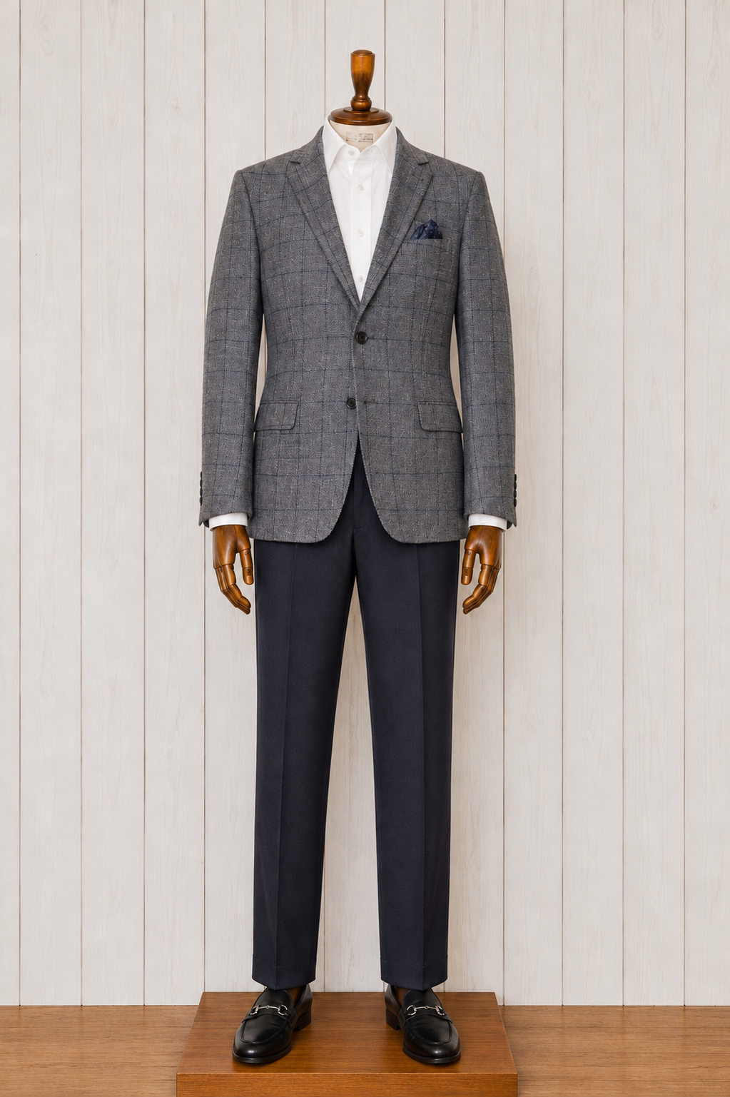 Renoir Grey and Navy Windowpane Slim Fit Sport Coat
