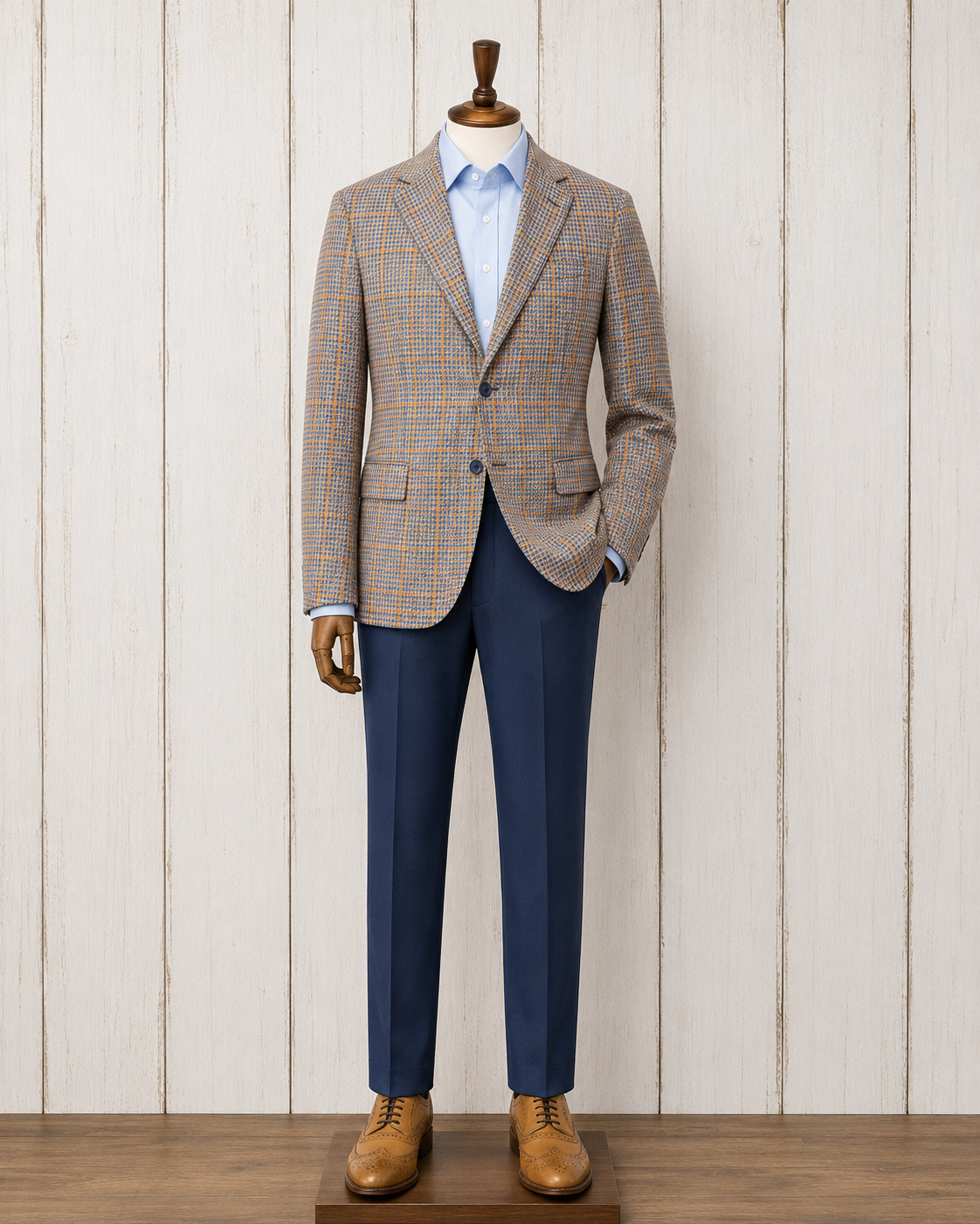 Albert and Walter's Blue and Orange Houndstooth Wool, Silk and Linen Blend Classic Fit Sport Coat on sale