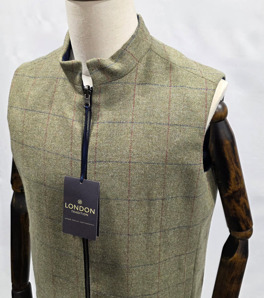 London Tradition Tweed Heath Flint and Loganberry Green with Red and Blue Windowpane Reversible Wool Vest