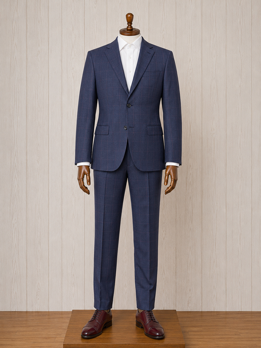 Alessandro Vitello Washed Navy and Burgundy Windowpane Classic Fit Suit