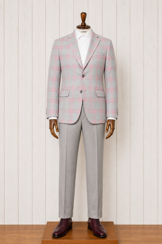Tiglio Light Grey and Pink Windowpane Modern Fit Sport Coat on sale