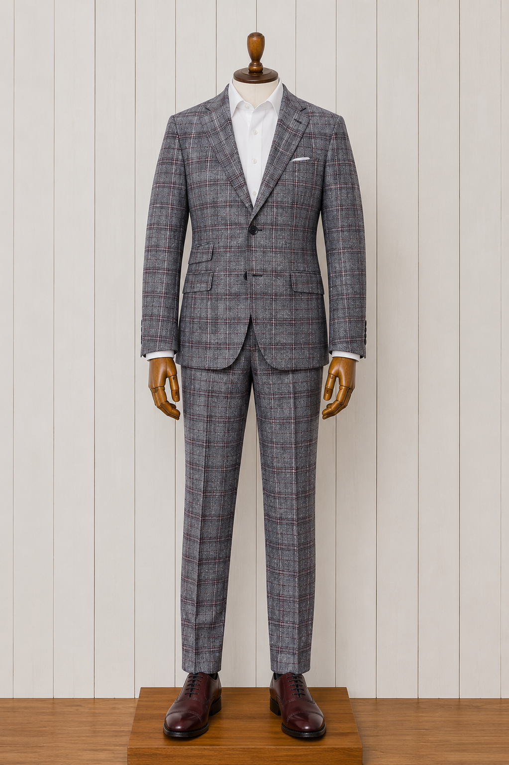Manchester and Tailor Slim Fit Grey and Burgundy Plaid Suit