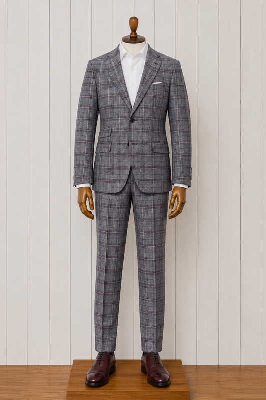 Manchester and Tailor Slim Fit Grey and Burgundy Plaid Suit