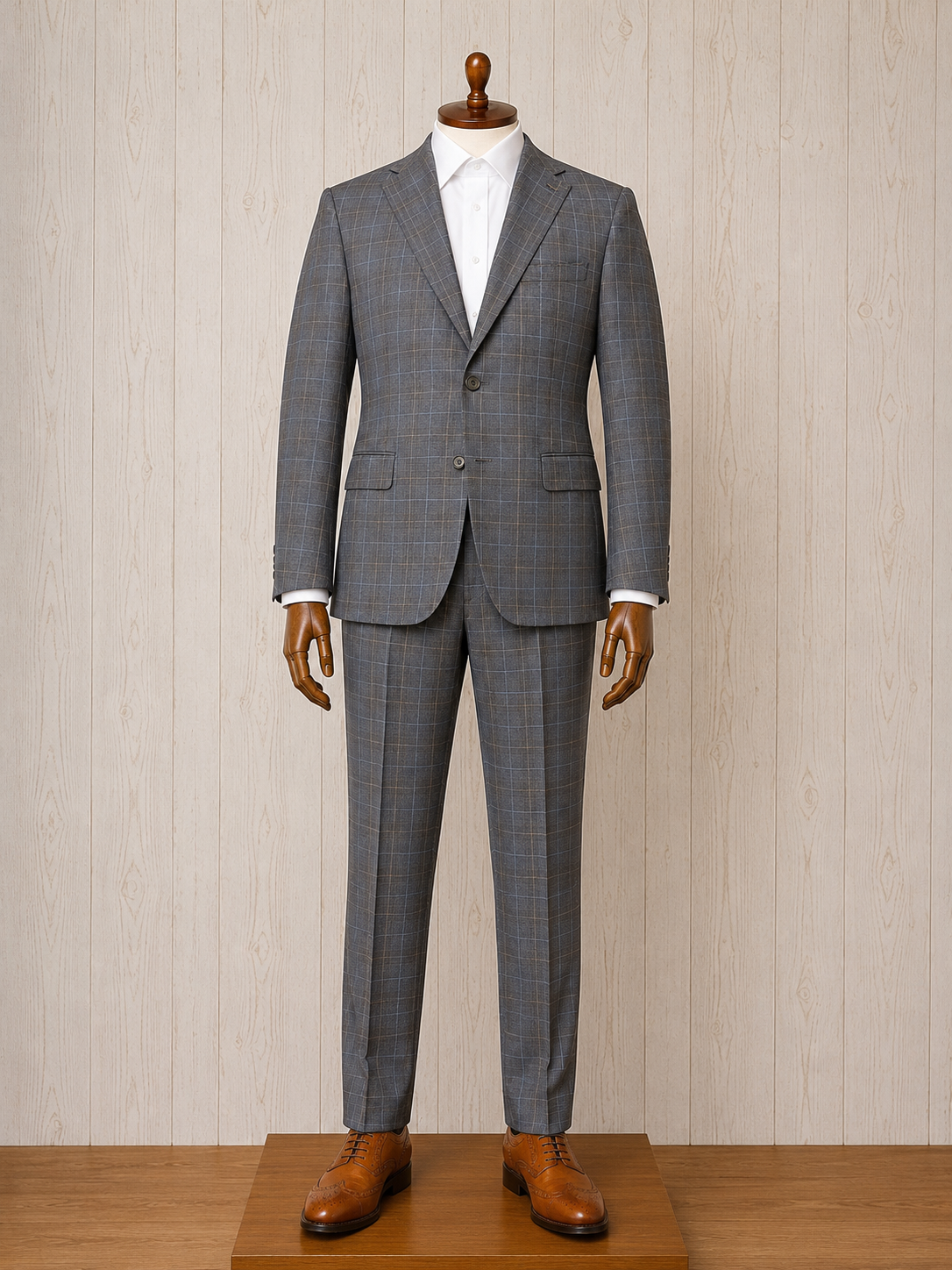 Dray Scott Grey, Light Blue and Bronze Plaid Notch Lapel Suit Reda Fabric from Italy