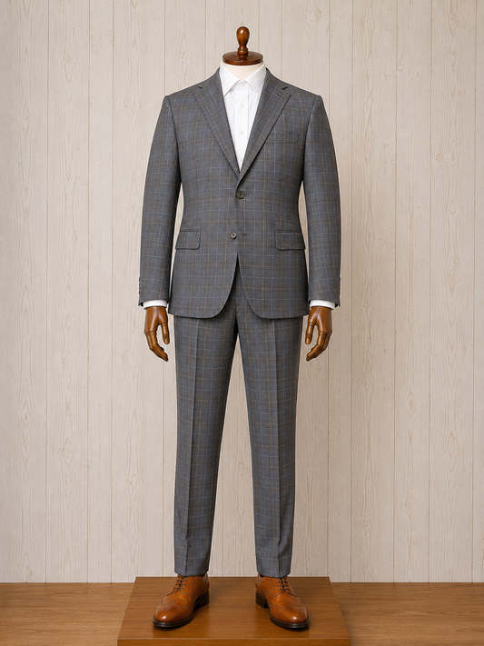Dray Scott Grey, Light Blue and Bronze Plaid Notch Lapel Suit Reda Fabric from Italy