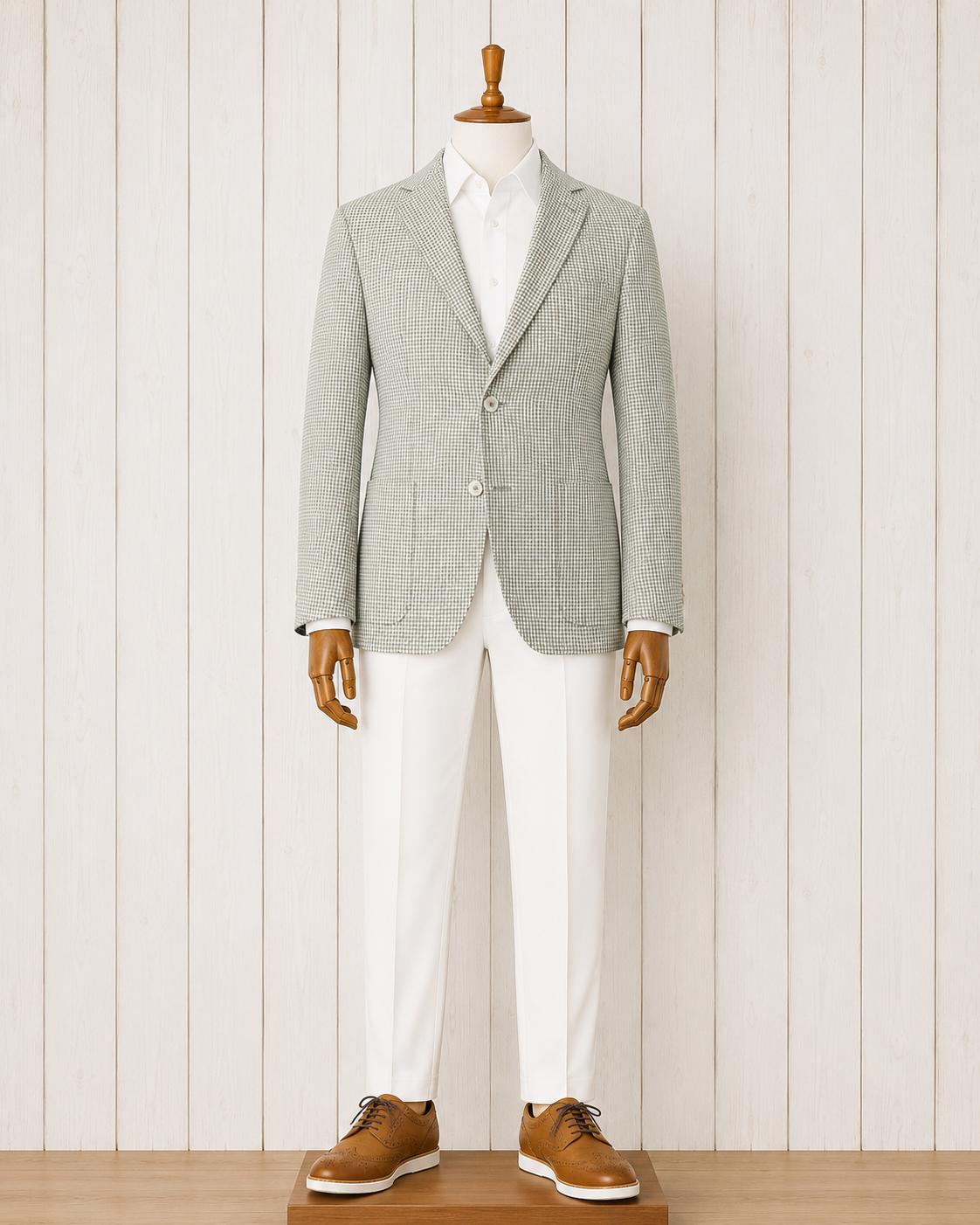 Scabal Light Green Houndstooth Wool, Cotton and Linen Notch Lapel Sport Coat on sale