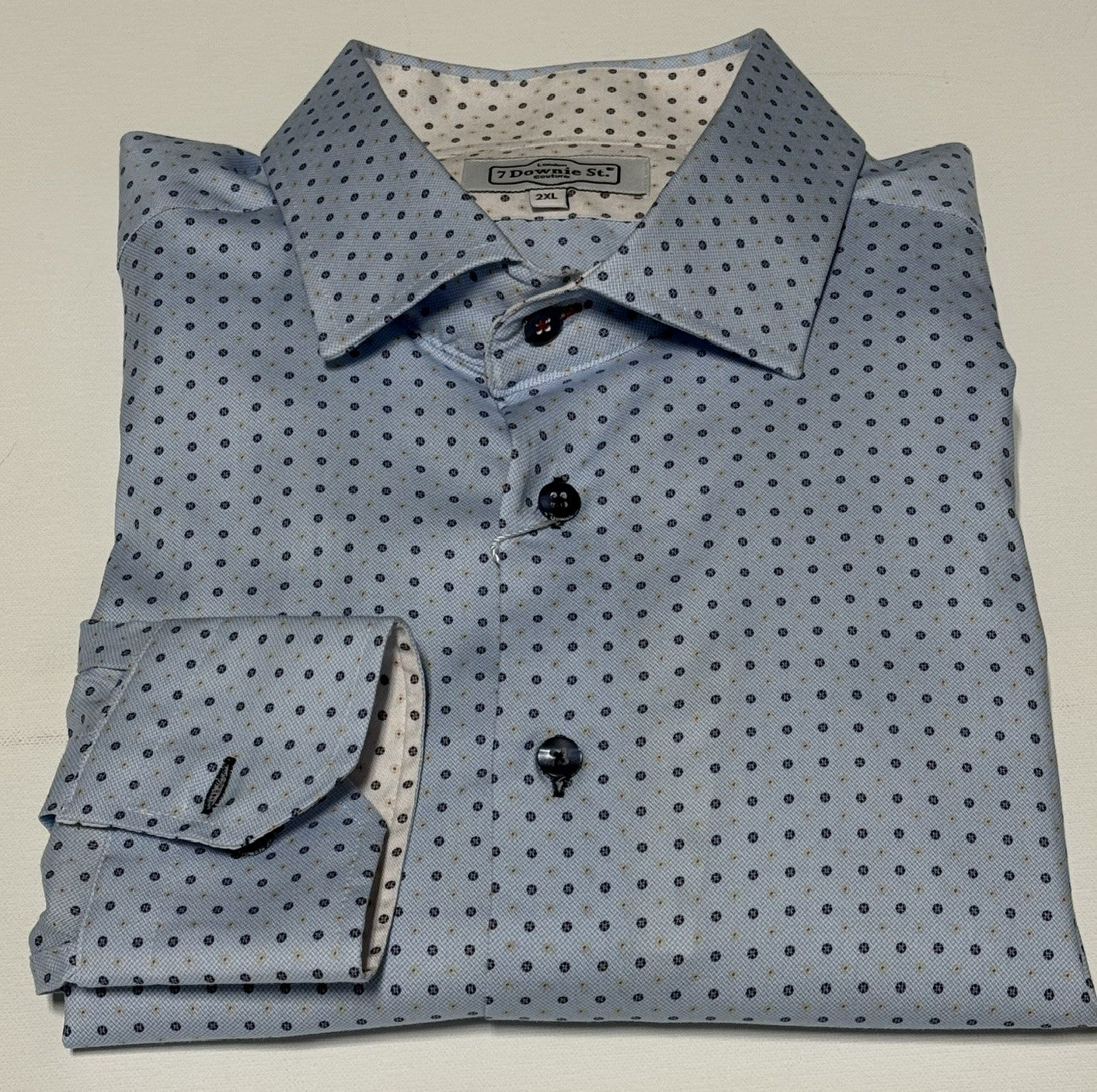 7 Downie St. Long Sleeve Blue Shirt with Gold and Red Dots