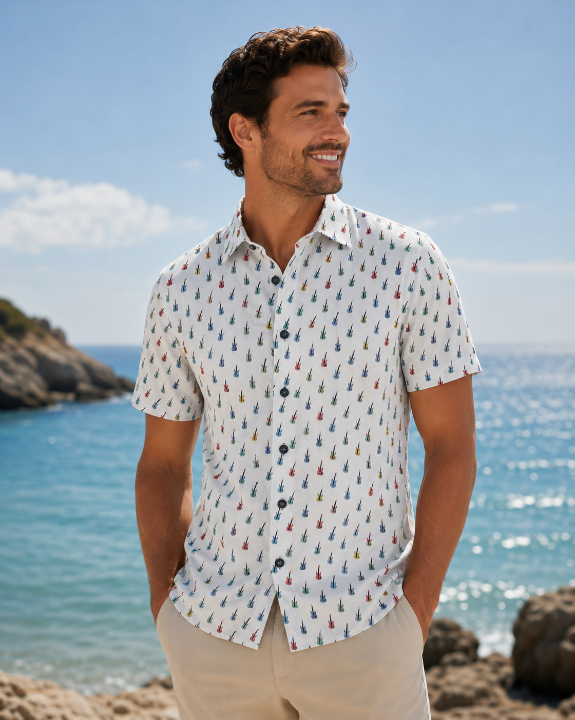 7 Downie St. Short Sleeve Sport Shirt in White with Guitars Print