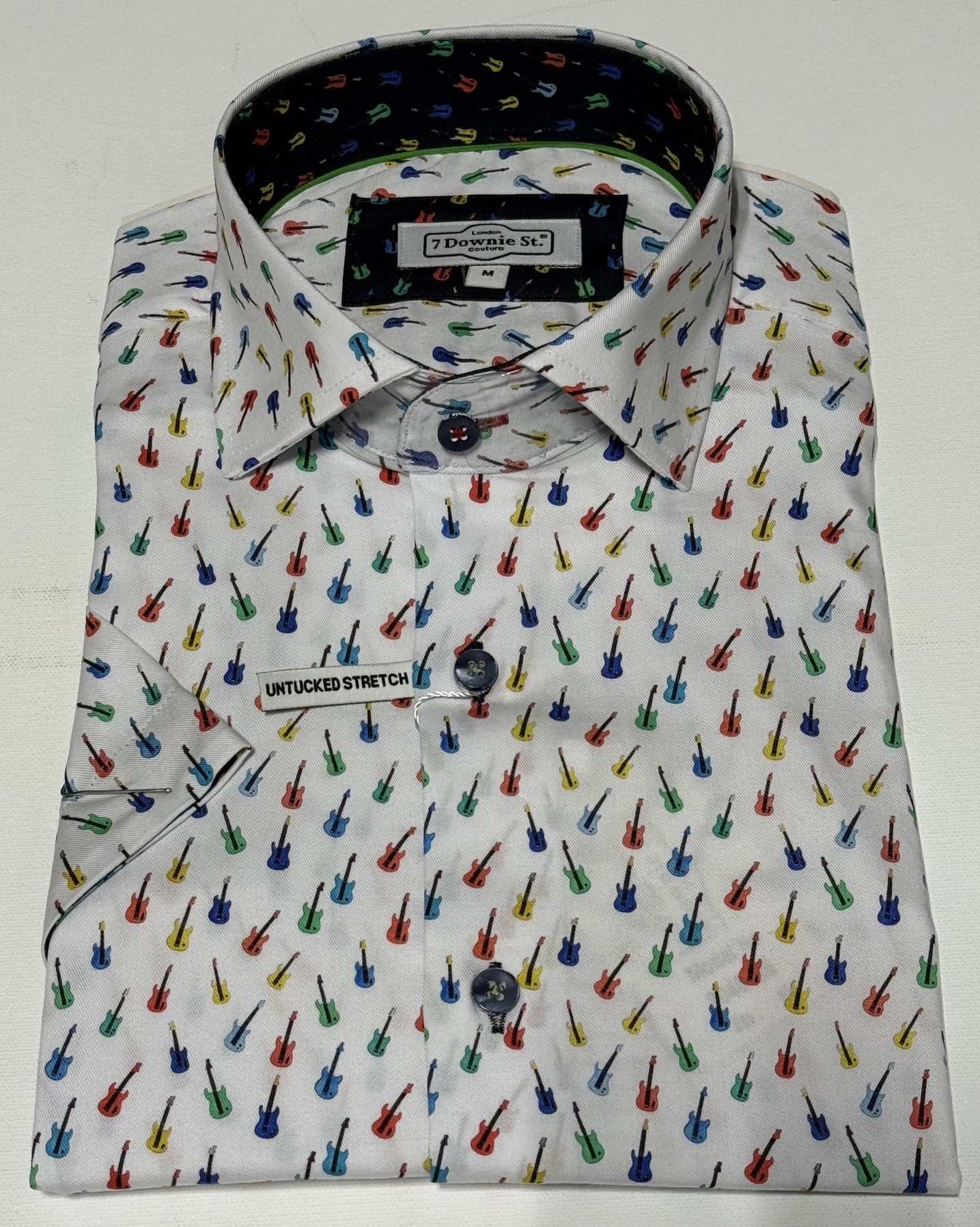 7 Downie St. Short Sleeve Sport Shirt in White with Guitars Print