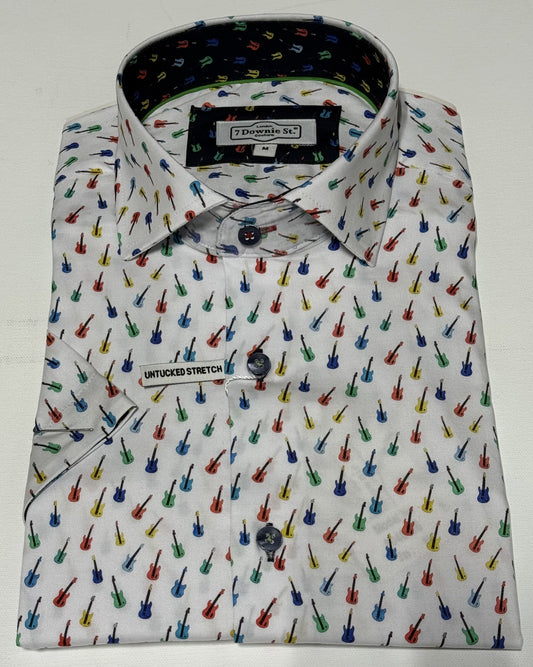 7 Downie St. Short Sleeve Sport Shirt in White with Guitars Print
