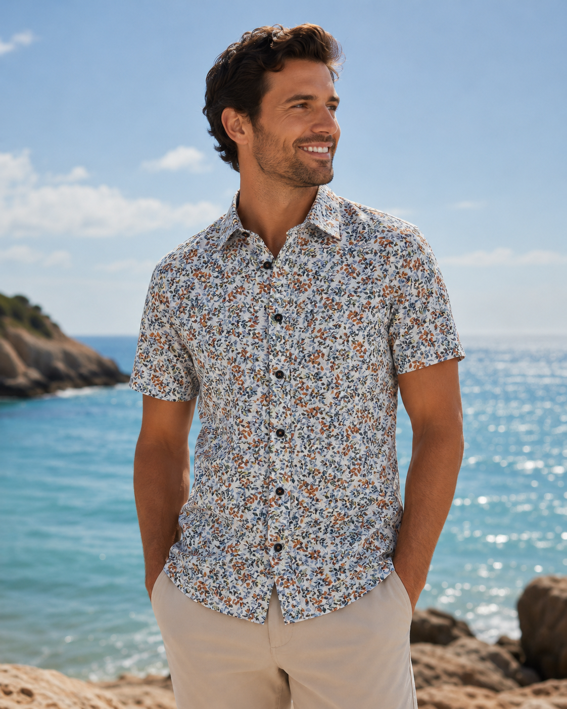 7 Downie St. Short Sleeve Sport Shirt in Rust Multi Floral Print