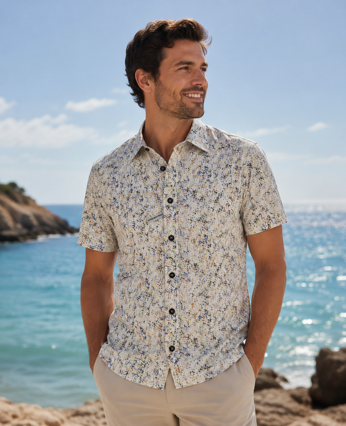 7 Downie St. Short Sleeve Sport Shirt in Yellow Multi Print