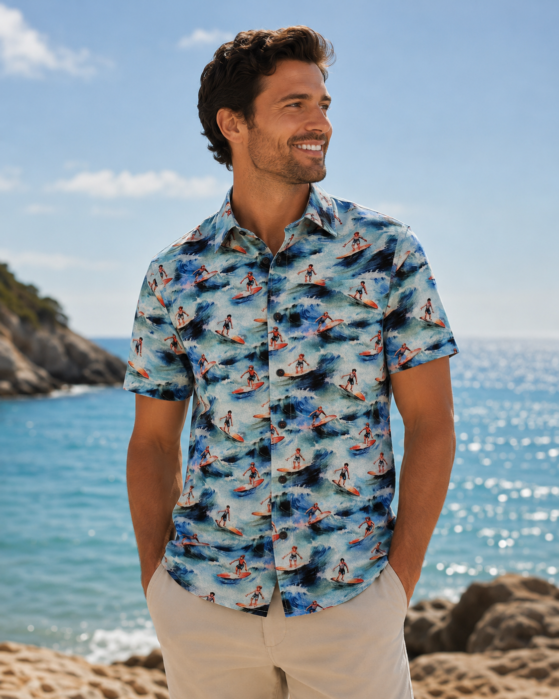 7 Downie St. Short Sleeve Sport Shirt in Ocean Blue Surfer Print
