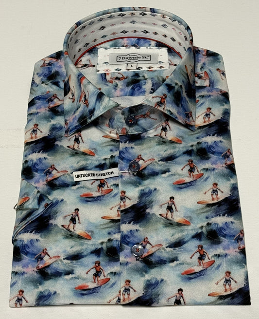 7 Downie St. Short Sleeve Sport Shirt in Ocean Blue Surfer Print