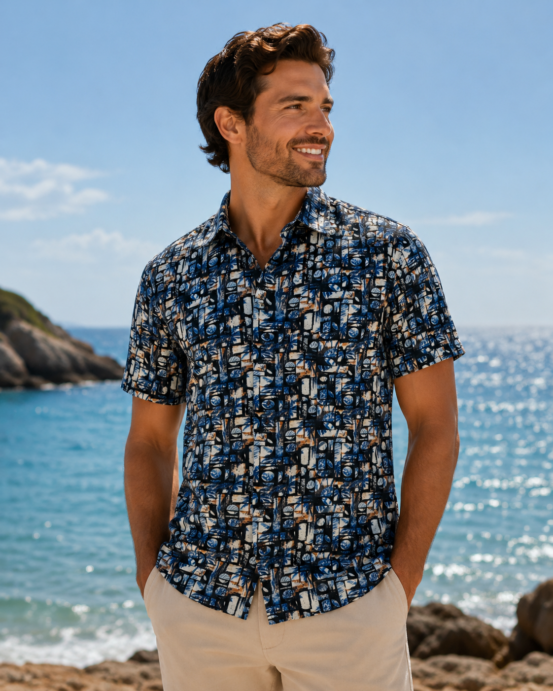 7 Downie St. Short Sleeve Sport Shirt in Navy, Orange and White Print