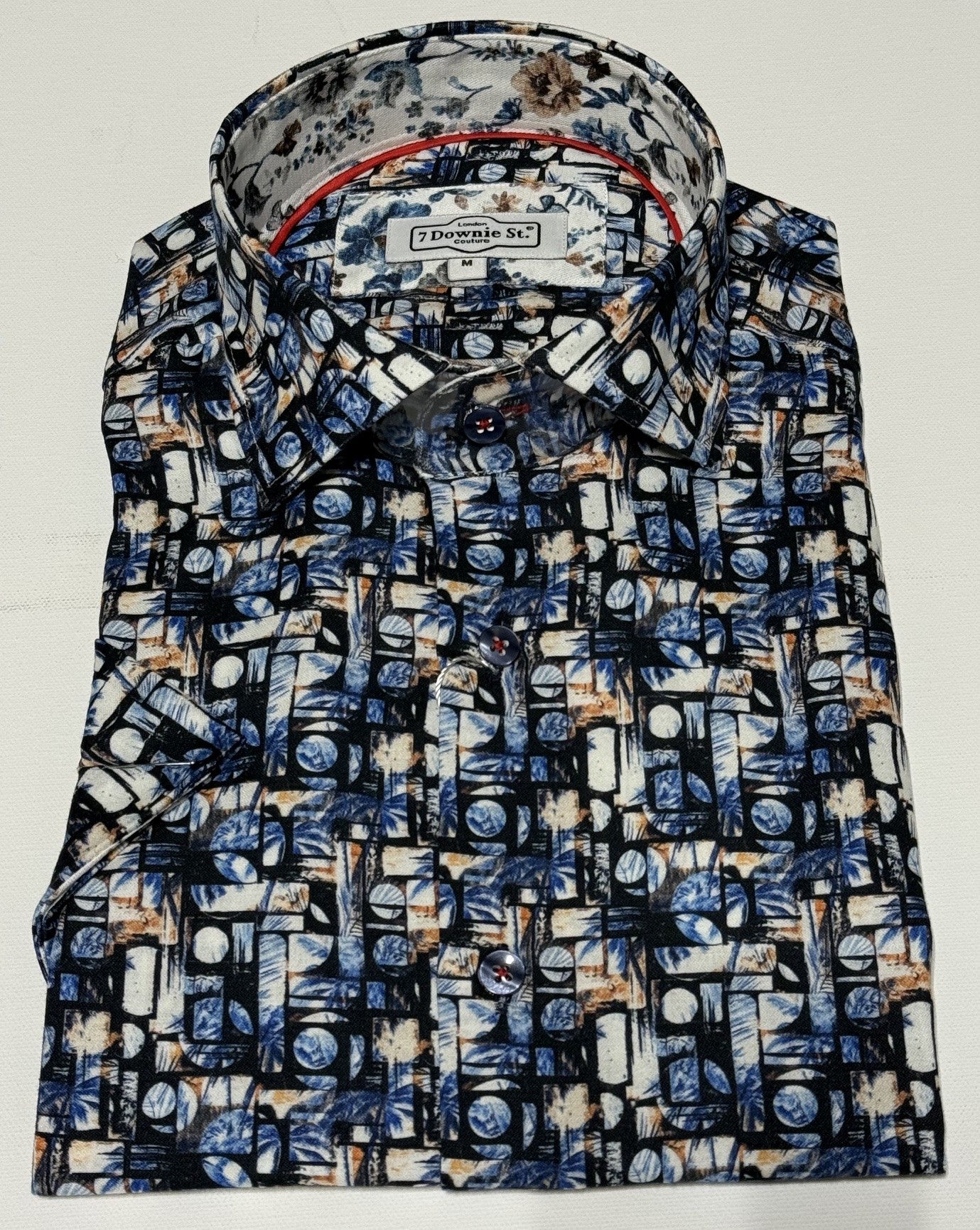 7 Downie St. Short Sleeve Sport Shirt in Navy, Orange and White Print
