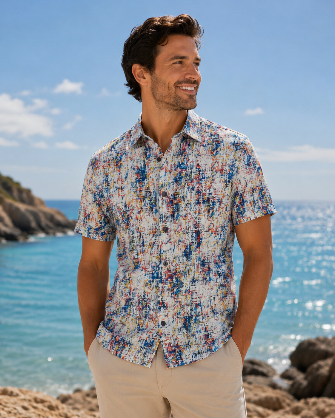 7 Downie St. Short Sleeve Sport Shirt in Blue, Red, Orange, Yellow and White Print