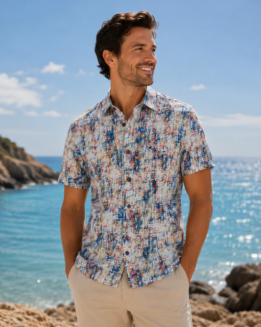 7 Downie St. Short Sleeve Sport Shirt in Blue, Red, Orange, Yellow and White Print