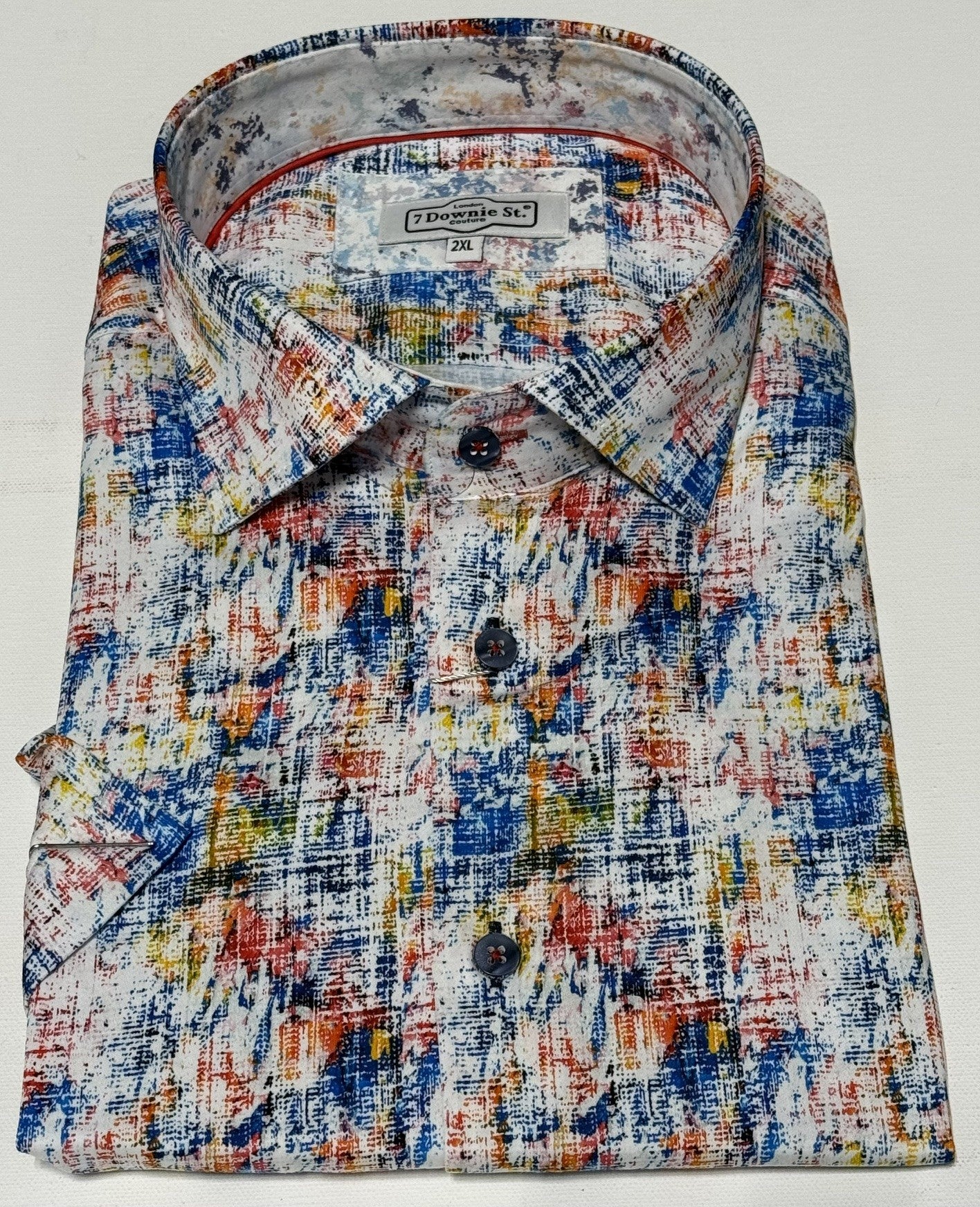 7 Downie St. Short Sleeve Sport Shirt in Blue, Red, Orange, Yellow and White Print