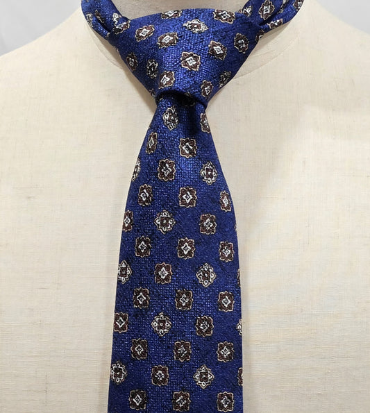 Hampstead by Geoff Nicholson Navy, Brown and Cream Medallion Silk Tie