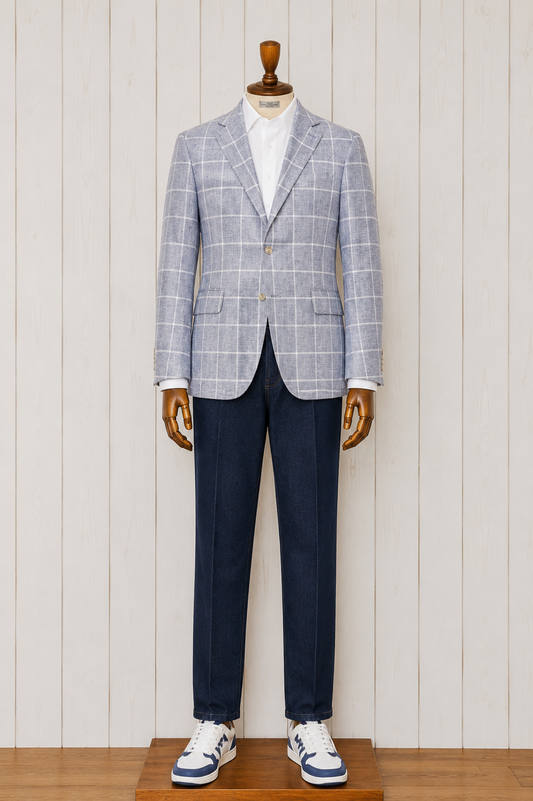 Pellagio Navy and White Windowpane Slim Fit Linen and Cotton Blend Sport Coat