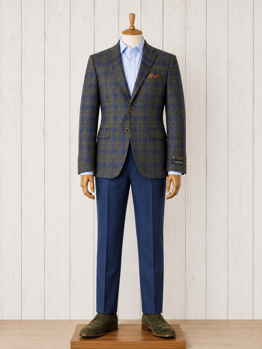 TG Signature Series Collection Olive and Navy Windowpane Cashmere Blend Sport Coat Fabric Made in Italy on sale