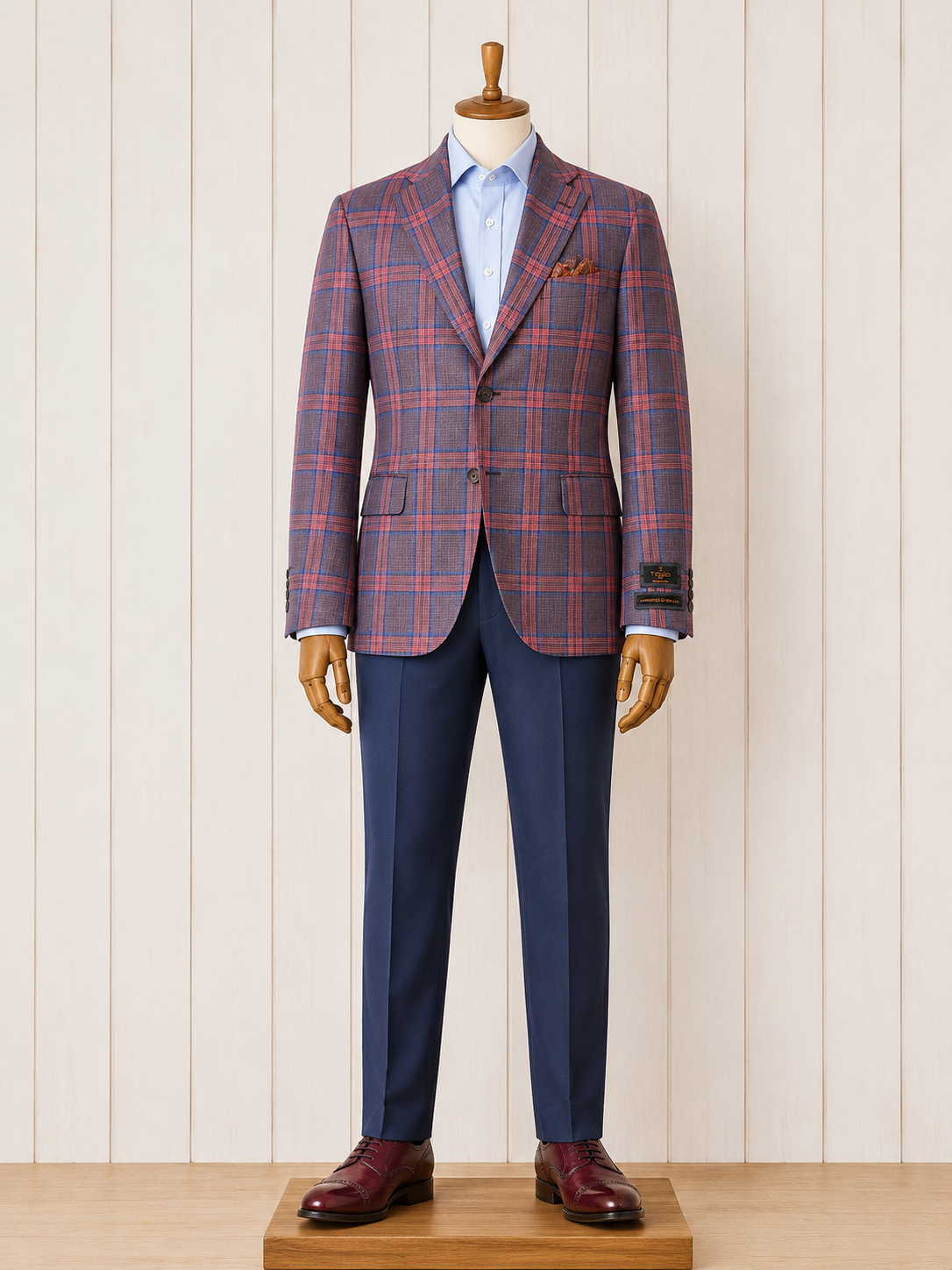 Tiglio Modern Fit Pink and Blue Plaid Sport Coat
