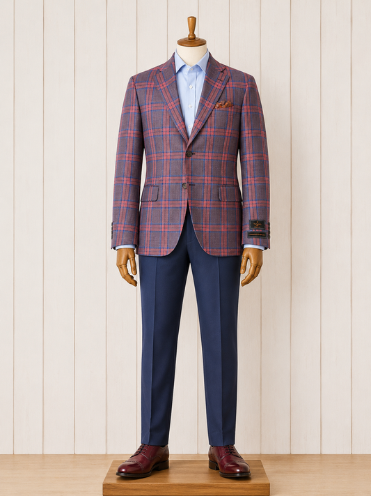 Tiglio Modern Fit Pink and Blue Plaid Sport Coat