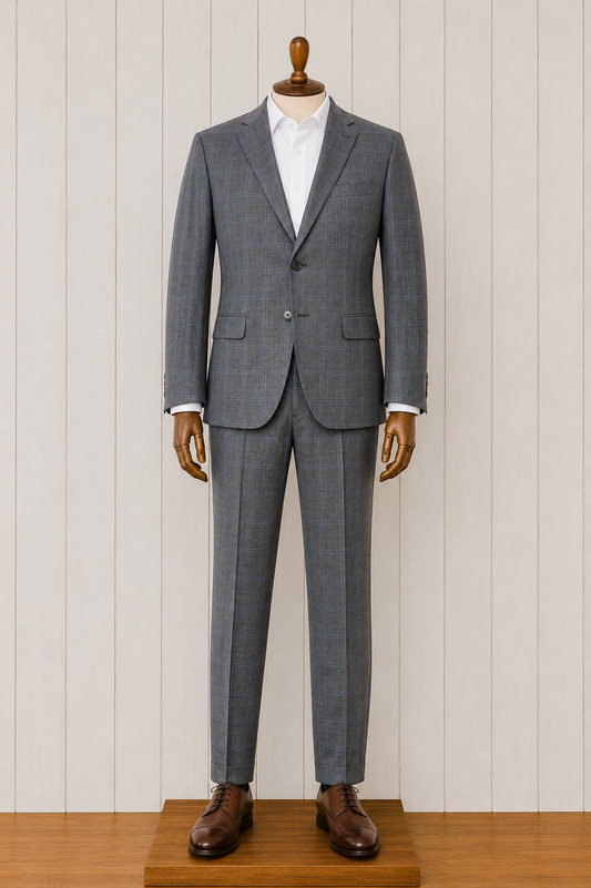 Mantoni Charcoal Grey and Blue Windowpane Modern Fit Suit
