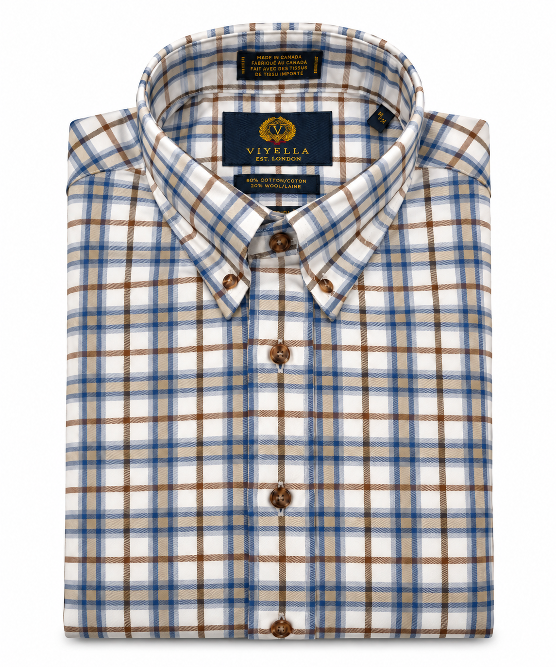 Viyella White with Brown, Tan and Blue Plaid Long Sleeve Button Down Traditional Fit Shirt