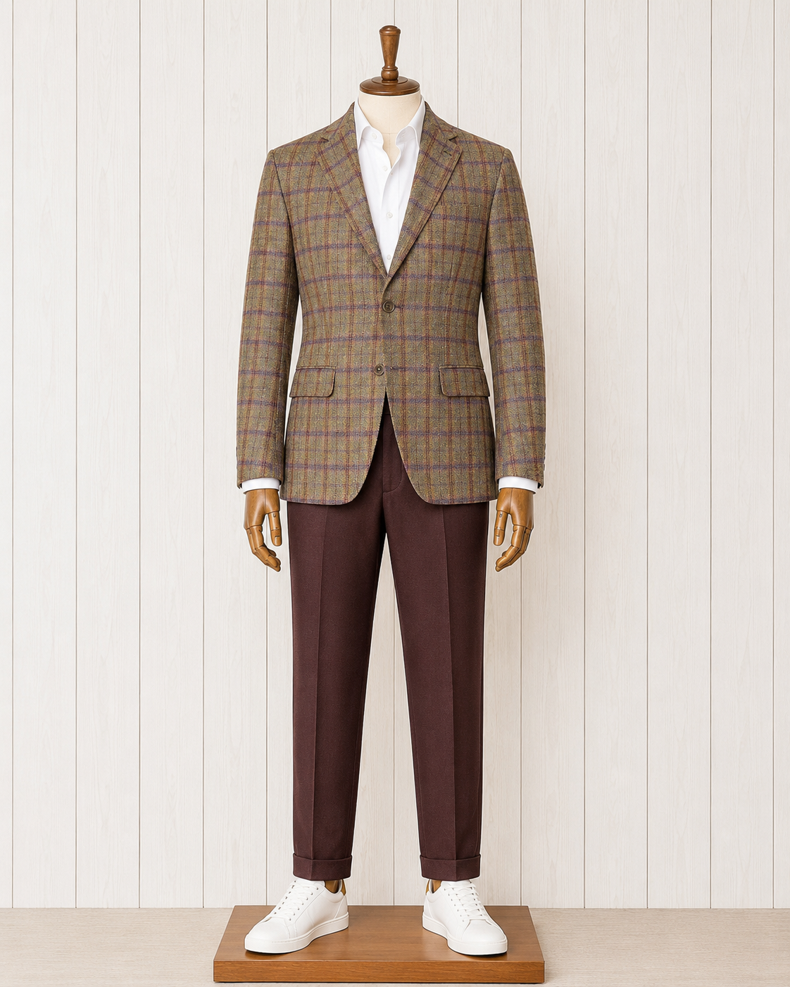 Giles and Jasper Modern Fit Olive Navy Burgundy Windowpane Sport Coat on sale