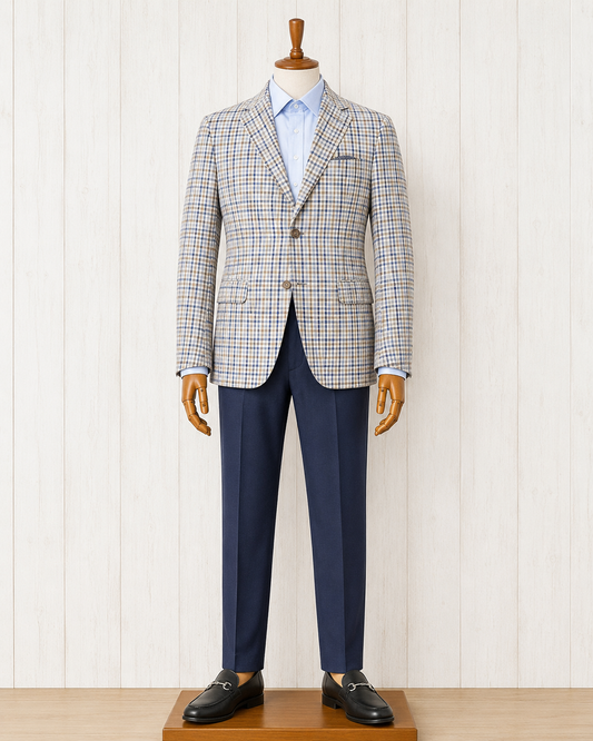 Giles and Jasper Tan and Blue Check Modern Fit Sport Coat