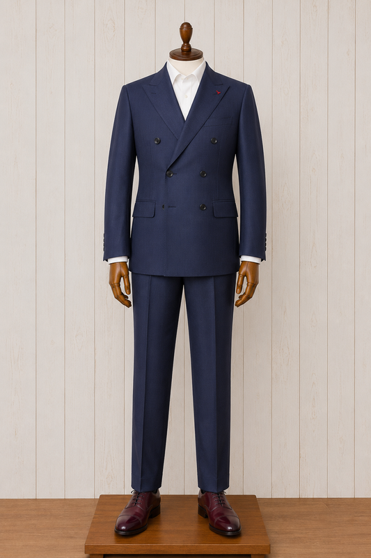 Mantoni Superfine 100% Wool Navy Double Breasted Peak Lapel Modern Fit Suit